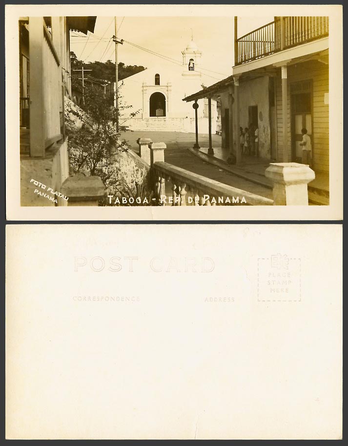Panama Old Real Photo Postcard Island of Taboga, Street Scene, Church Bell Tower