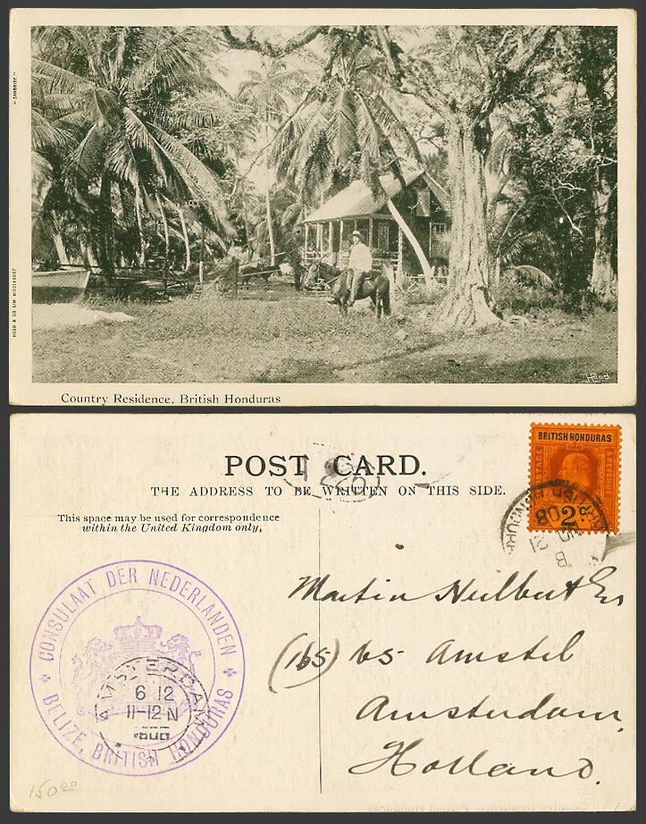 Belize British Honduras KE7 2c 1908 Old Postcard Country Residence & Horse Rider