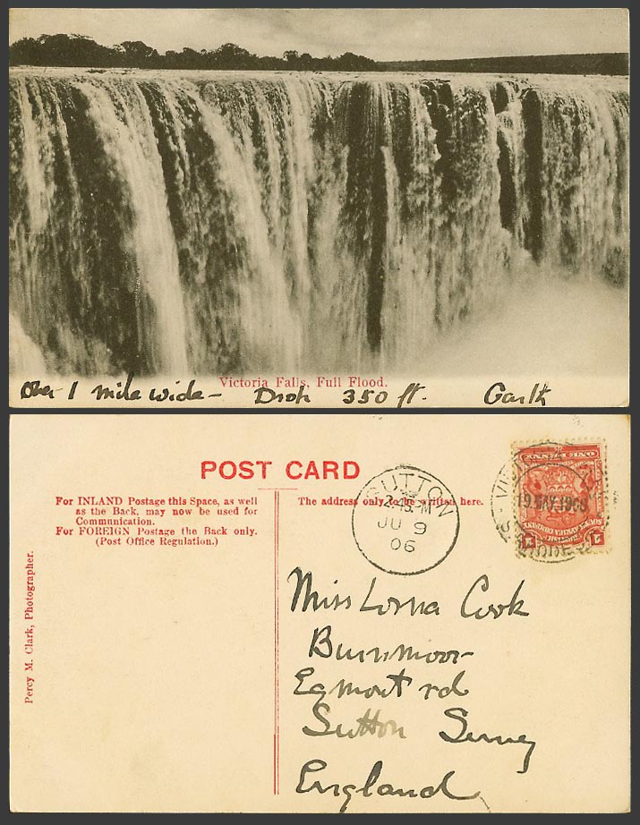 Rhodesia Victoria Falls Full Flood British South African Co 1d 1906 Old Postcard