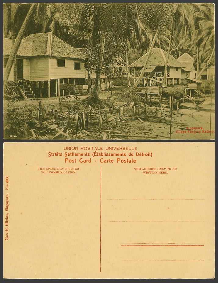 Singapore 1911 Old Postcard Village Tanjong Katong Native Houses on Stilts Palms