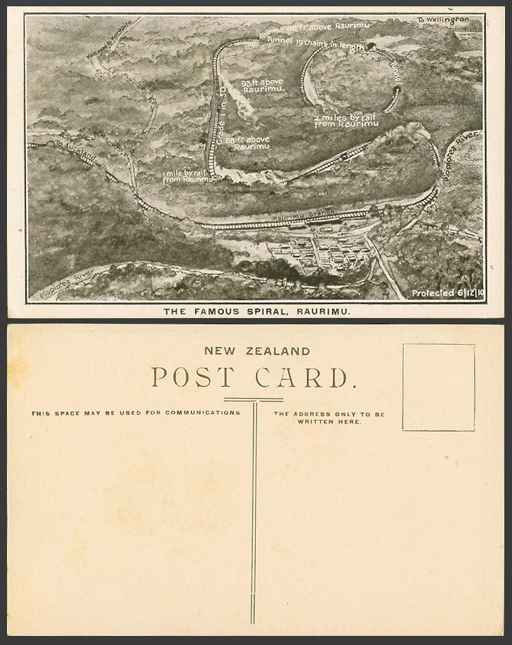 New Zealand 1910 Old Postcard MAP of Railway Spiral Raurimu, Wellington Auckland