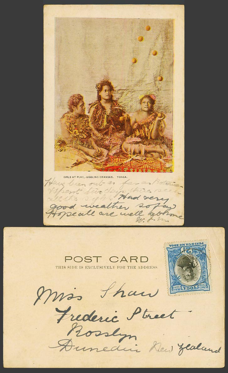 Tonga 2 1/2d 1906 Postcard Native Girls at Play Juggling Oranges Young Women Rug