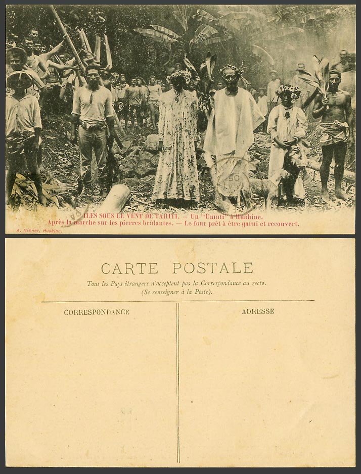Tahiti Leeward Islands 1905 Old Postcard UMUTI in Huahine Walk on Burning Stones