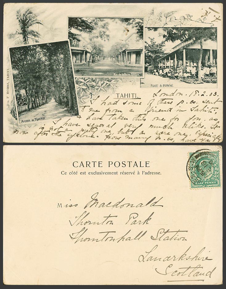 Tahiti 1908 Old UB Postcard Avenue de Tipacrui, Rue de la Petite Pologne, Market