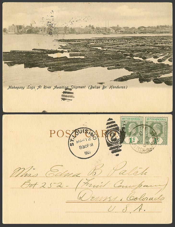 Belize British Honduras KE7 1c x 2 1907 Old UB Postcard Mahogany Logs at River