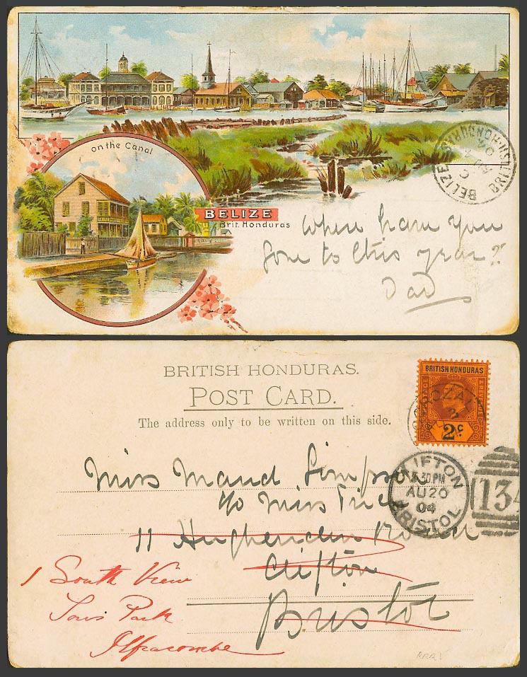 Belize British Honduras KE7 2c 1904 Old UB Postcard On Canal, Bridge Boats River