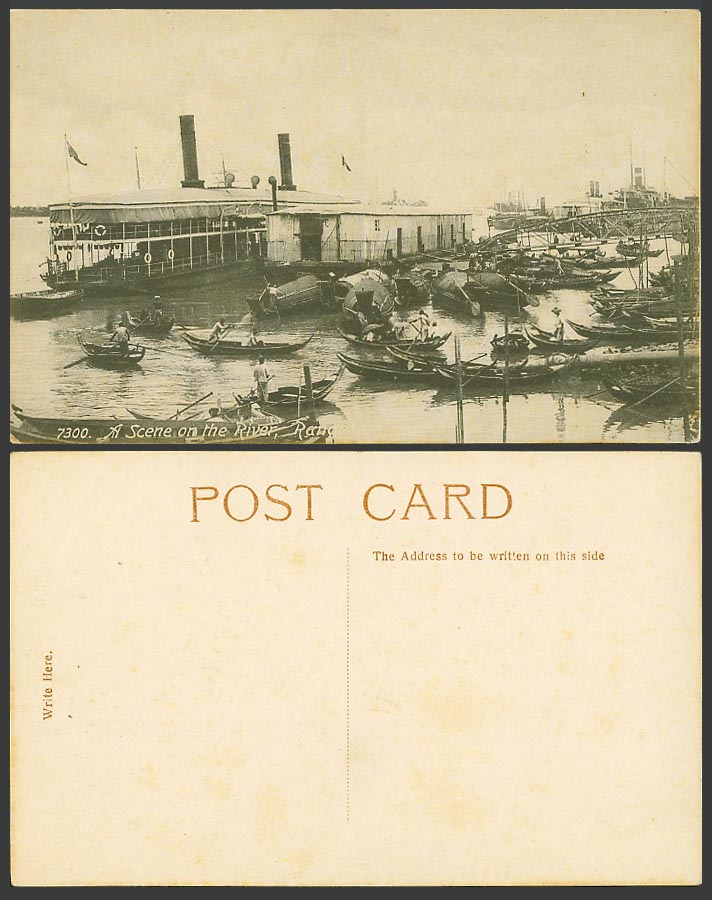 Burma Old Real Photo Postcard A Scene on The River, Native Boats, Bridge Rangoon