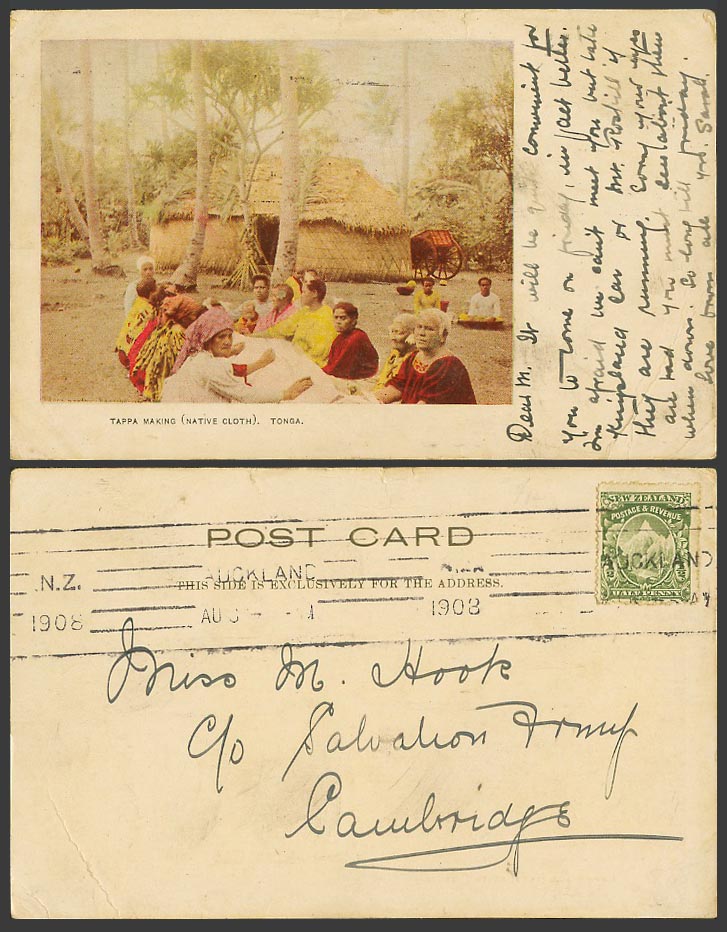 Tonga Islands N.Z. 1/2d 1908 Old UB Postcard Native Cloth Tappa Making Women Hut