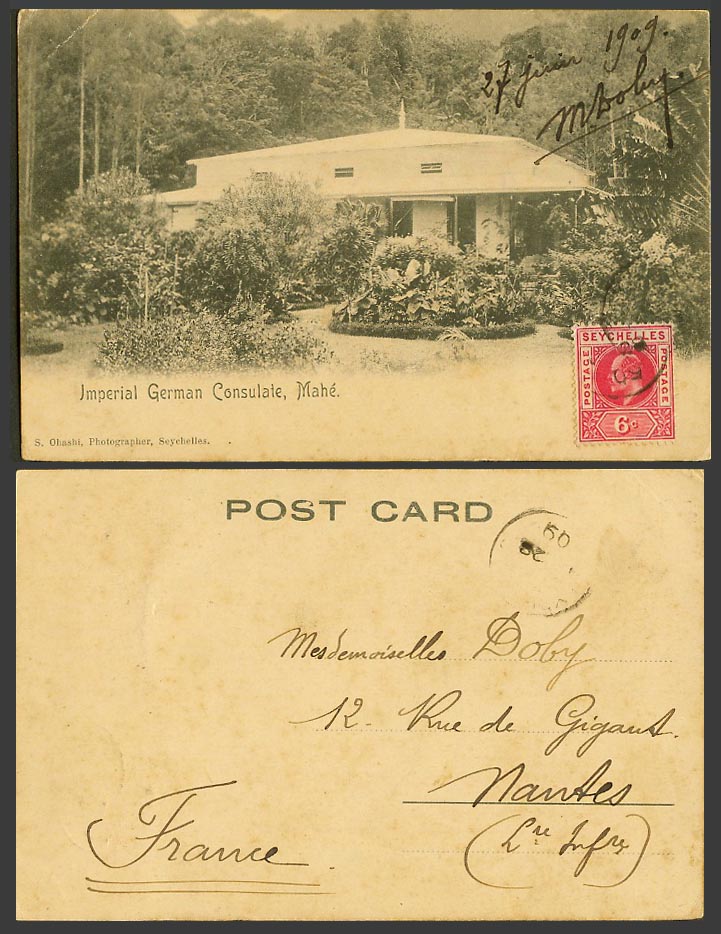 Seychelles KE7. 6c. 1909 Old UB Postcard MAHE, Imperial German Consulate, Garden