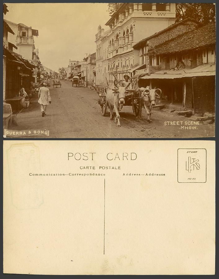 India Old Real Photo Postcard Mhow Street Scene Bullock Cart Carts Guerra & Sons