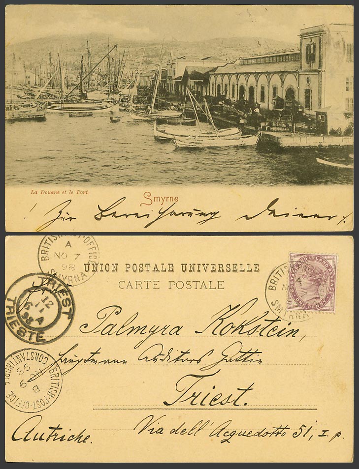Turkey, Smyrne British PO QV 1d 1898 Old UB Postcard Douane Port Customs Harbour