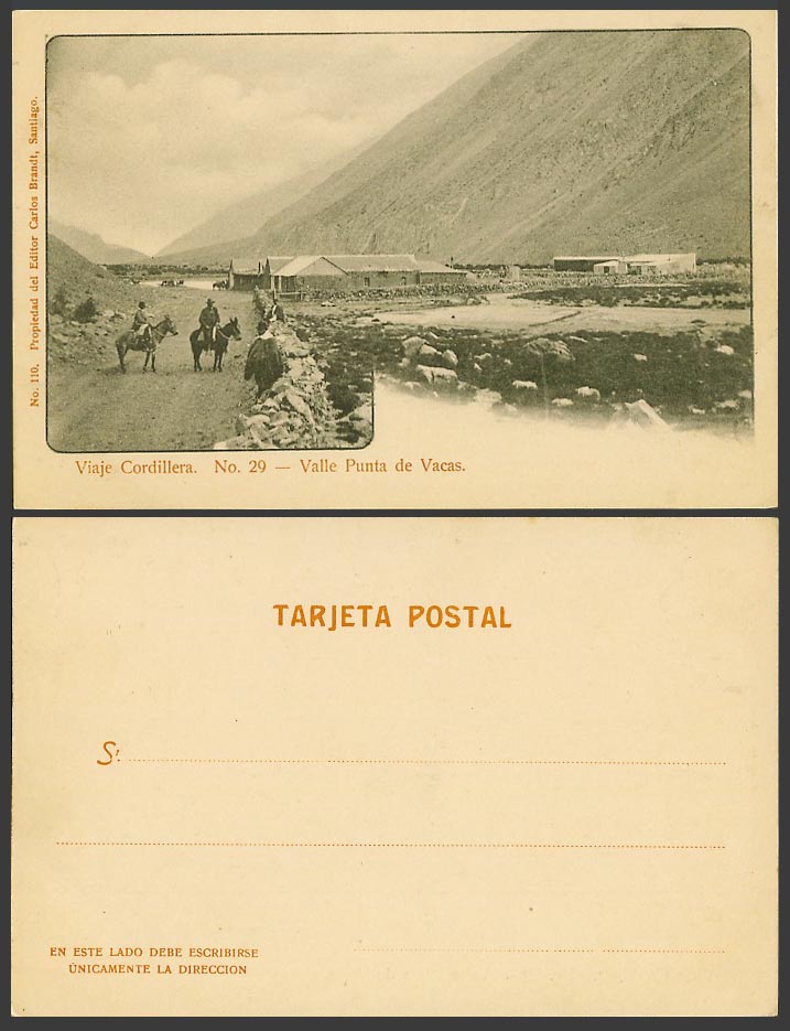 Chile Old UB Postcard Valle Punta de Vacas, Viaje Cordillera Horse Donkey Riders