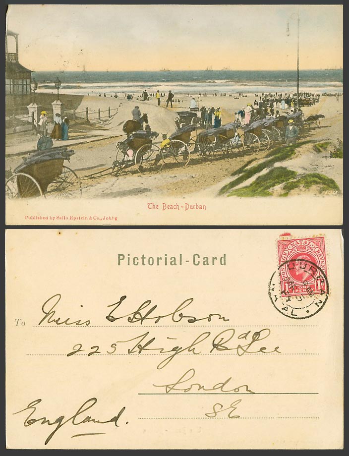 South Africa KE7 1d 1905 Old Hand Tinted UB Postcard Durban Beach & Ricksha Boys
