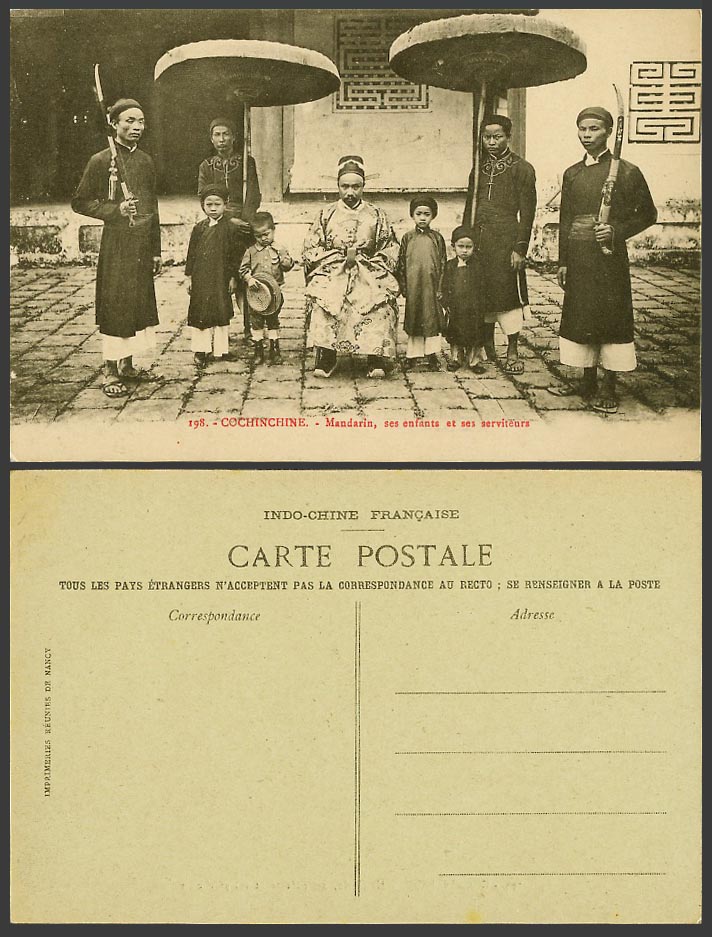 Indo-China Old Postcard Cochinchine Mandarin Chinaman, Children, Servants Swords