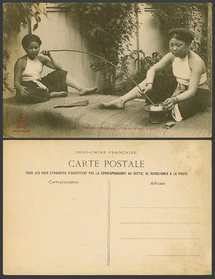 Indochina Old Postcard Tonkin Haiphong Native Women Smoking Very Long Pipe Women