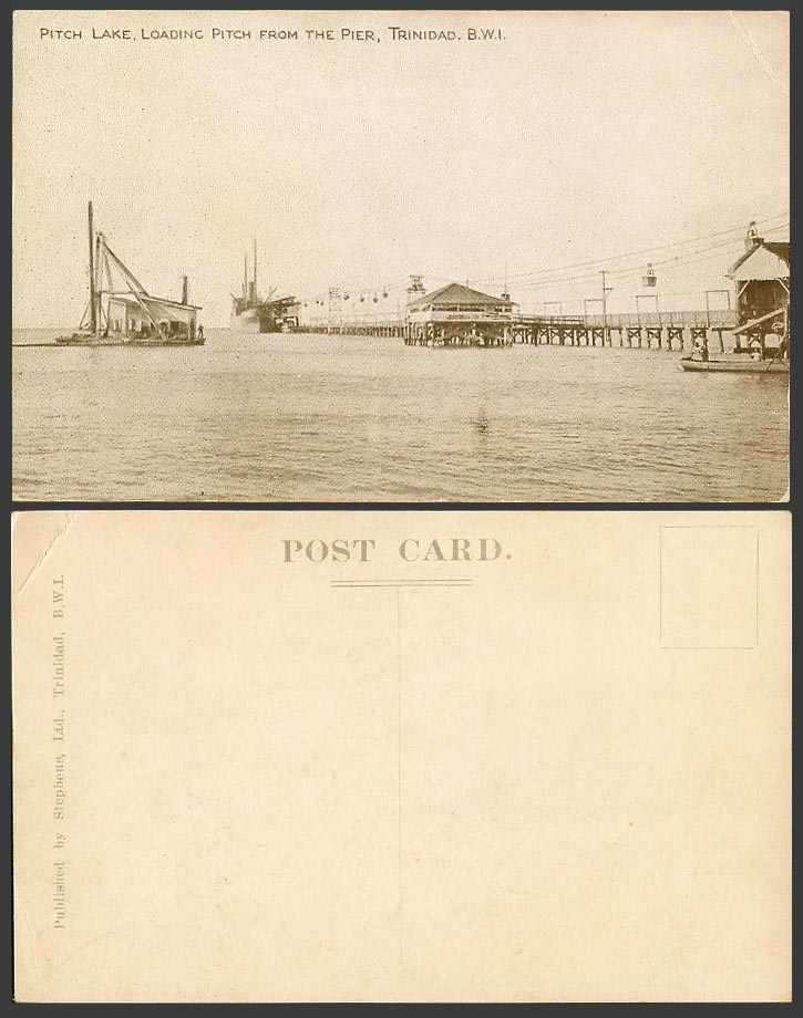 Trinidad Old Postcard Pitch Lake Loading Pitch from The Pier, Steamer Steam Ship