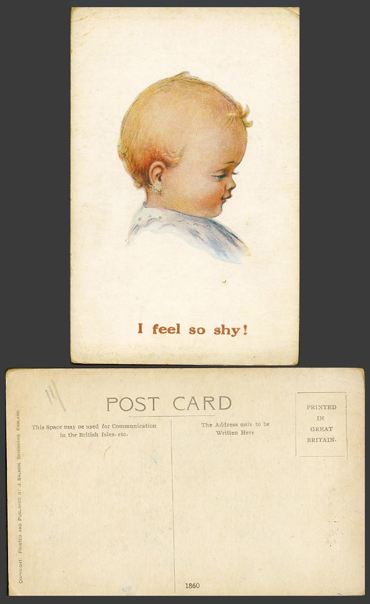 Baby Girl Child - I Feel So Shy! Artist Drawn Old Colour Postcard J. Salmon 1860