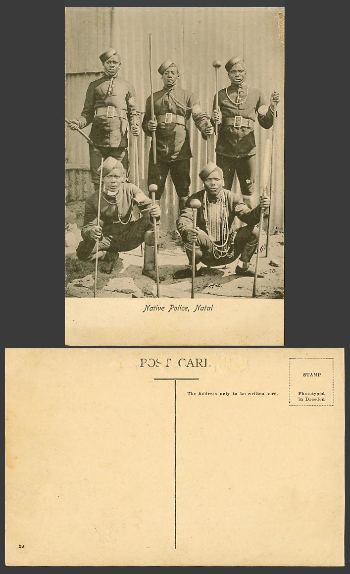 South Africa Old Postcard Native Police Natal, 5 Black Policemen wearing Uniform