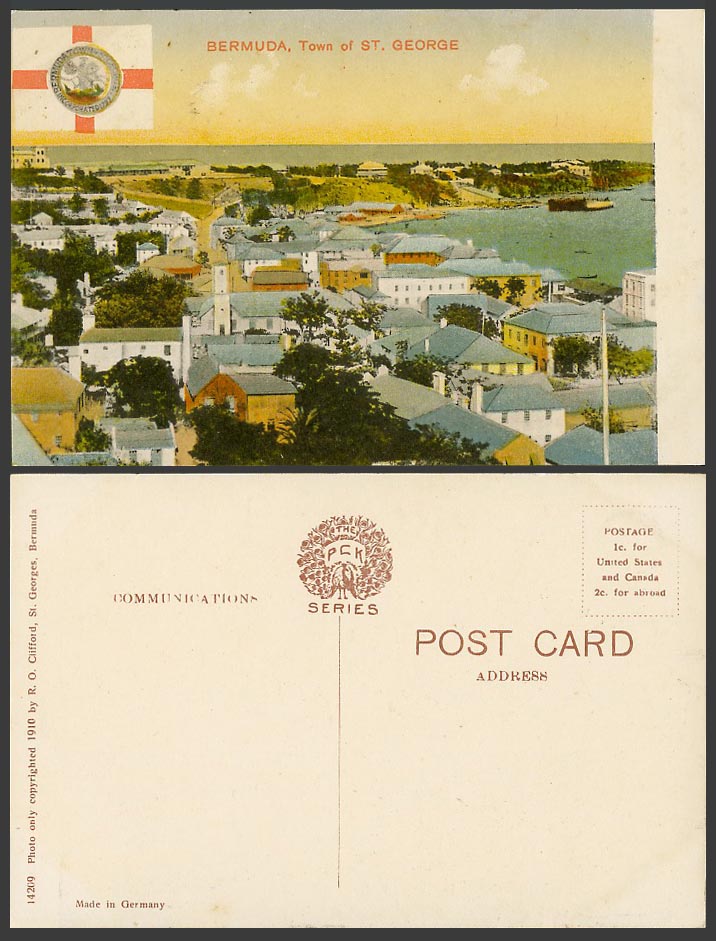 Bermuda Old Colour Postcard Town of St. George's Panorama View Flag Coat of Arms