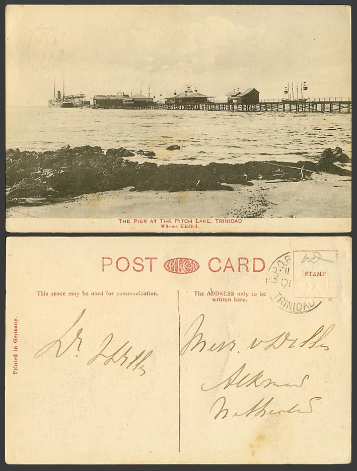 Trinidad 1927 Old Postcard Pier at Pitch Lake Wilsons Limited Steamer Steam Ship