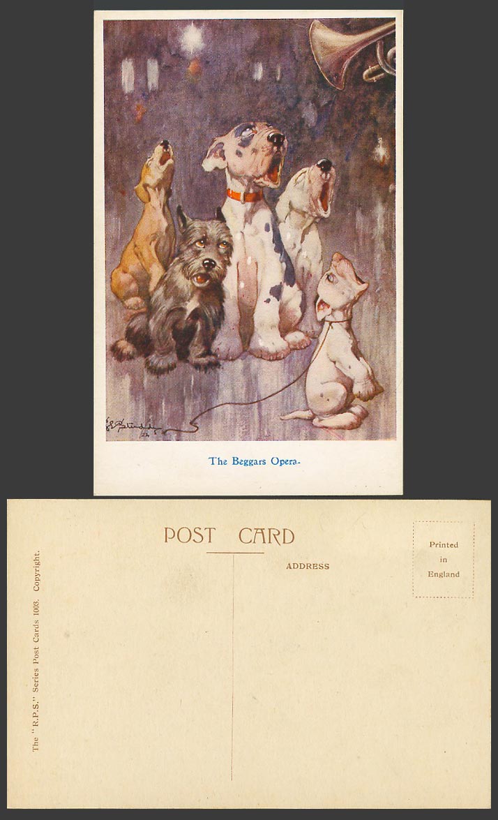 BONZO DOG GE Studdy Old Postcard The Beggars Opera Dogs Puppies Singing No. 1003