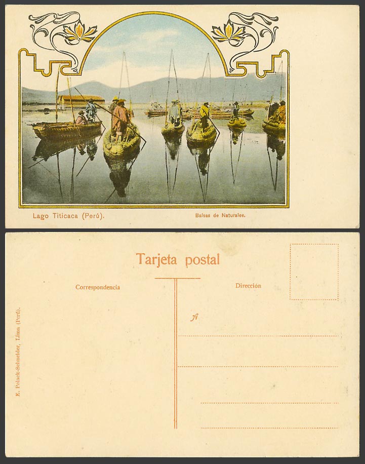 Peru Old Postcard Lago Titicaca Lake Balsas Naturales Native Boats Natural Rafts