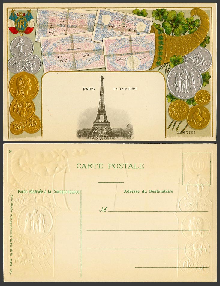 France Flag Vintage Coins Banknotes 1906 Old Postcard Paris La Tour Eiffel Tower