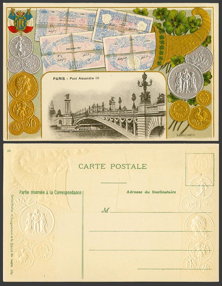 France Vintage Coins Banknotes 1906 Old Postcard Paris Pont Alexandre III Bridge