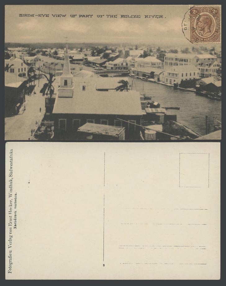 Belize River, British Honduras 2c 1928 Old Postcard Birds Eye View Bridge Street