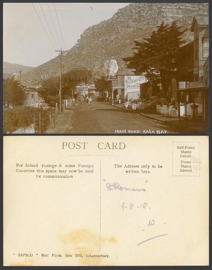 South Africa 1918 Old Real Photo Postcard Kalk Bay Main Road, Street Scene, Dog