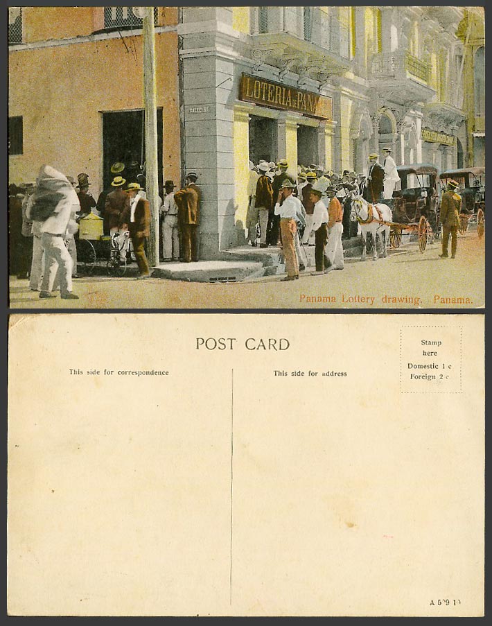 Panama Old Postcard Lotteria de Panama Lottery Drawing Calle 6 Street Horse Cart