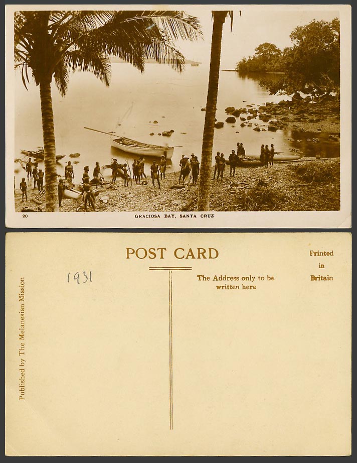 Solomon Islands 1931 Old RP Postcard Graciosa Bay Santa Cruz, Natives Boat Canoe