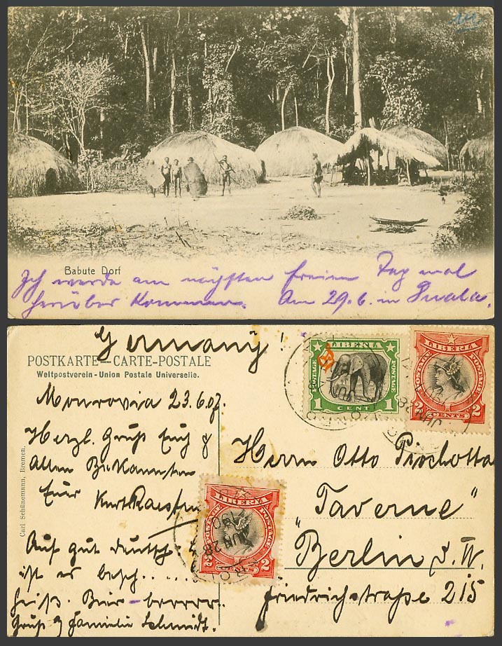 Liberia 1c Elephant 2cx2 1907 Old Postcard BABUTE DORF Native Village House Huts