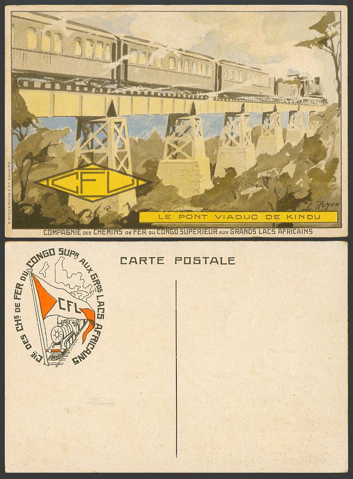 Belgian Congo Old Postcard Le Pont Viaduc de Kindu Bridge, CFL, Locomotive Train