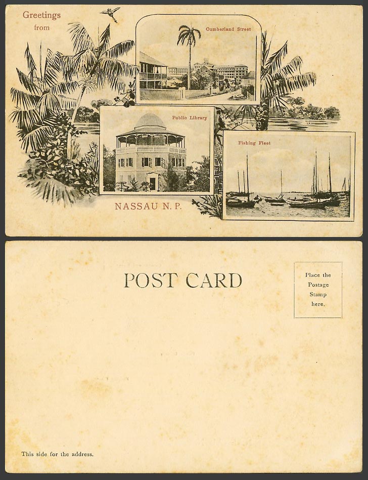 Bahamas Old UB Postcard Nassau NP Cumberland Street Public Library Fishing Fleet