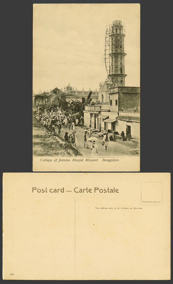 India Disaster Old Postcard Collaps of Jumma Musjid Minaret, Bangalore Ruins St.