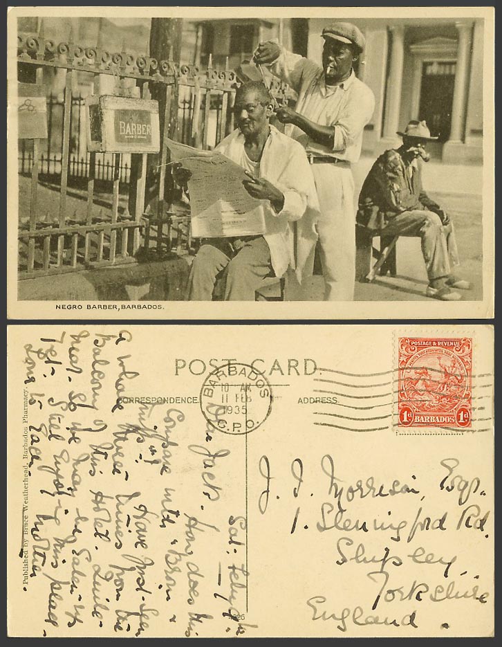 Barbados 1d 1935 Old Postcard Roadside Barber at Work, Hair Cutting Ethnic Life