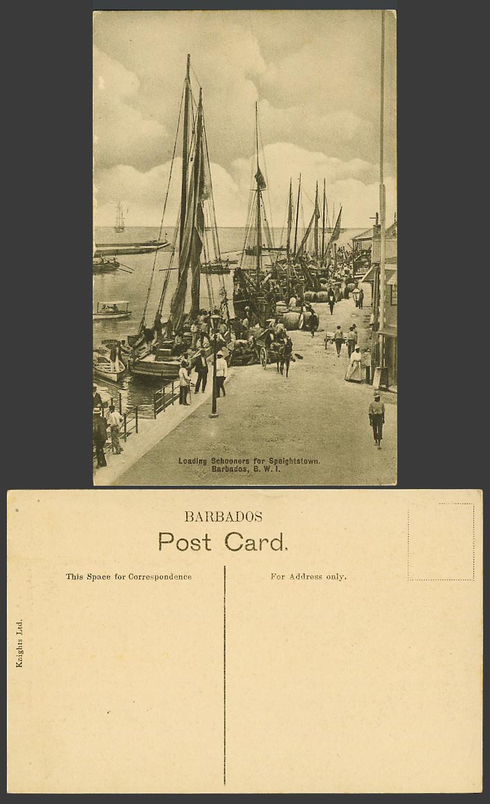 Barbados Old Postcard Loading Schooners for Speightstown, Sailing Boats, Harbour