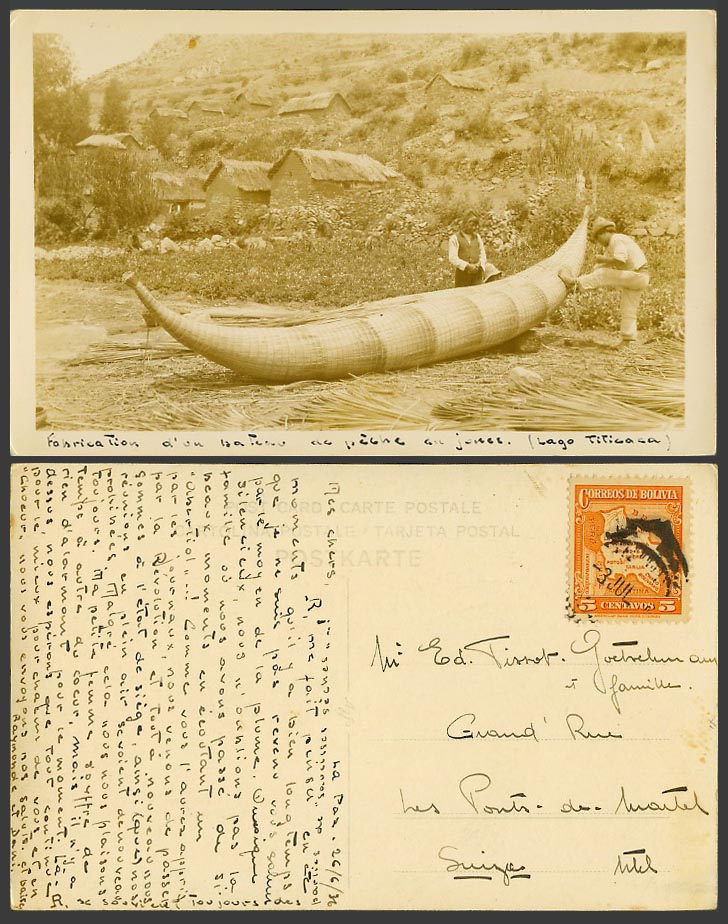 Bolivia 1936 Old RP Postcard Lago Titicaca Lake, Making Canoe Boat Native Houses