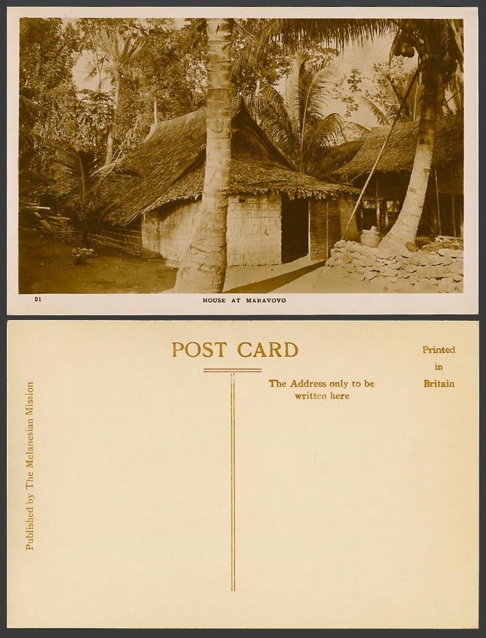 Solomon Islands Old Real Photo Postcard Native House at Maravovo Huts Palm Trees