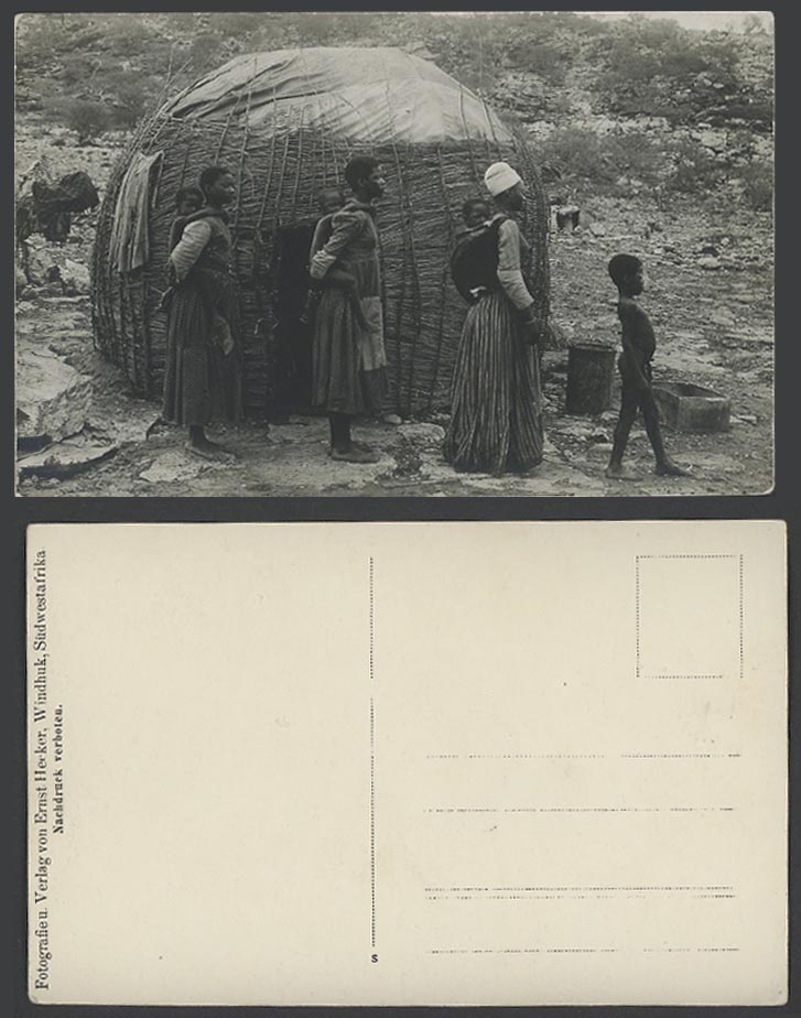 Namibia German South West Africa Old Postcard Native Women Carry Baby, Straw Hut
