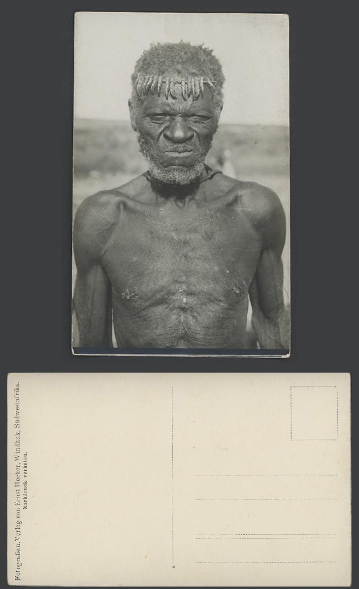 Namibia German South West Africa Old RP Postcard Black Man with Talon Head dress