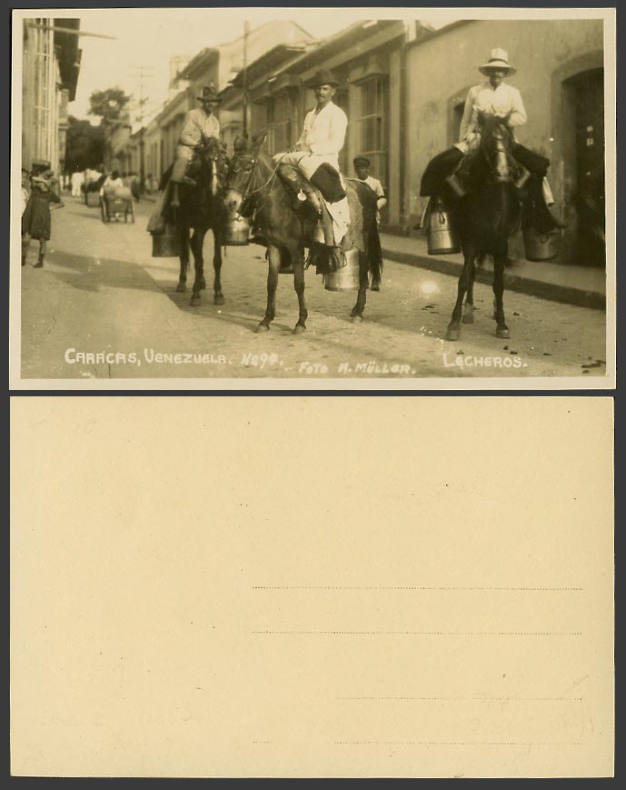 Venezuela Old R Photo Postcard Caracas Lecheros Horses Street Scene Milk Sellers
