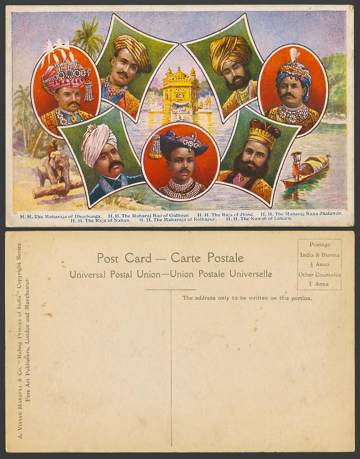 India Ruling Princes, Dhurbunga Gidhour Jhind Nahan Kolhapur Loharu Old Postcard