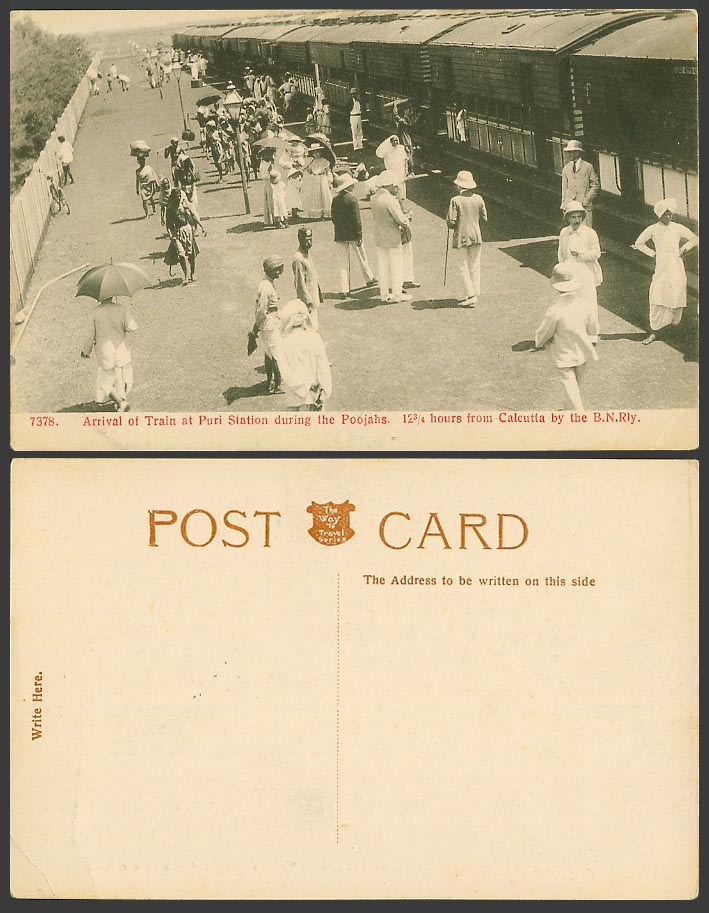 India Old Postcard Train at Puri Station Poojahs 12 3/4 hrs from Calcutta BN Rly
