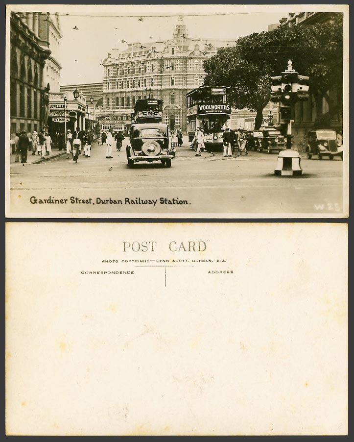 South Africa Old Real Photo Postcard Gardiner Street Durban Railway Station TRAM