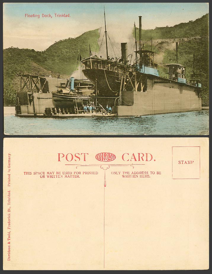 Trinidad Old Hand Tinted Postcard Floating Dock, Steam Ships Steamers B.W.I. BWI