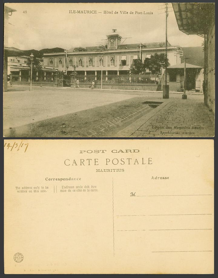 Mauritius 1917 Old Postcard Hotel de Ville de Port Louis, Town Hall Street Scene