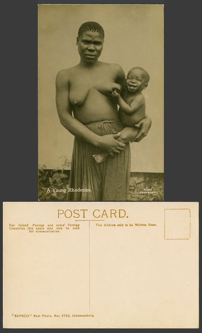 Rhodesia Old Real Photo Postcard A Young Rhodesian Bare Breast Woman Carry Baby