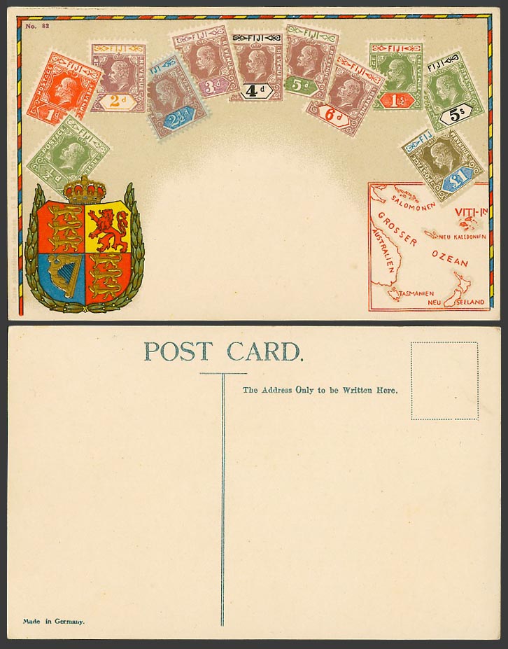 FIJI Vintage KE7 Stamps MAP Coat of Arms Illustrated Old Postcard Ottmar Zieher